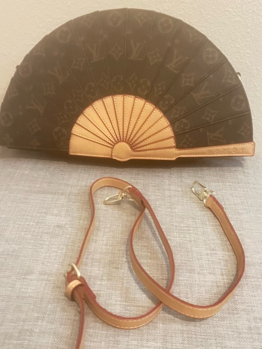 Monogram Fan-Shaped Crossbody Bag in Brown and Tan